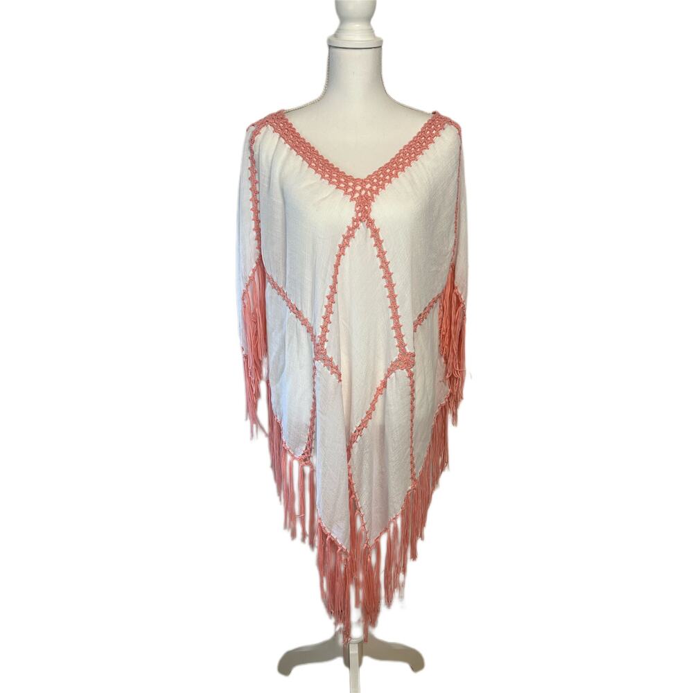 Beach by Exist White Coral Crochet Fringe Poncho Kaftan Cover Up Top Size‎ S/M
